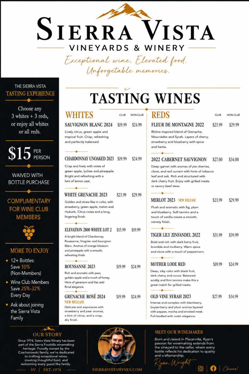 Sierra Vista Winery estate wine tasting menu